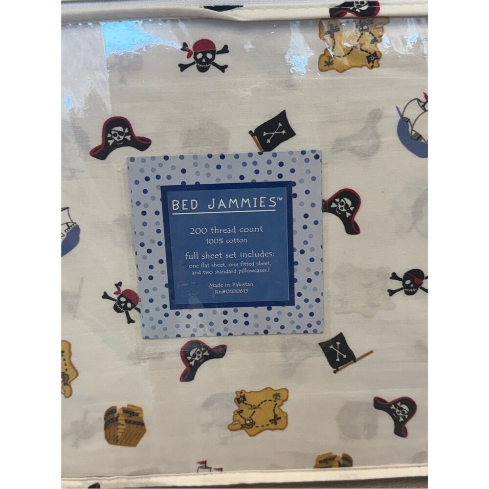 Bed Jammies Pirate Print Full Sheet Set - White with Red, Black, Yellow Accents